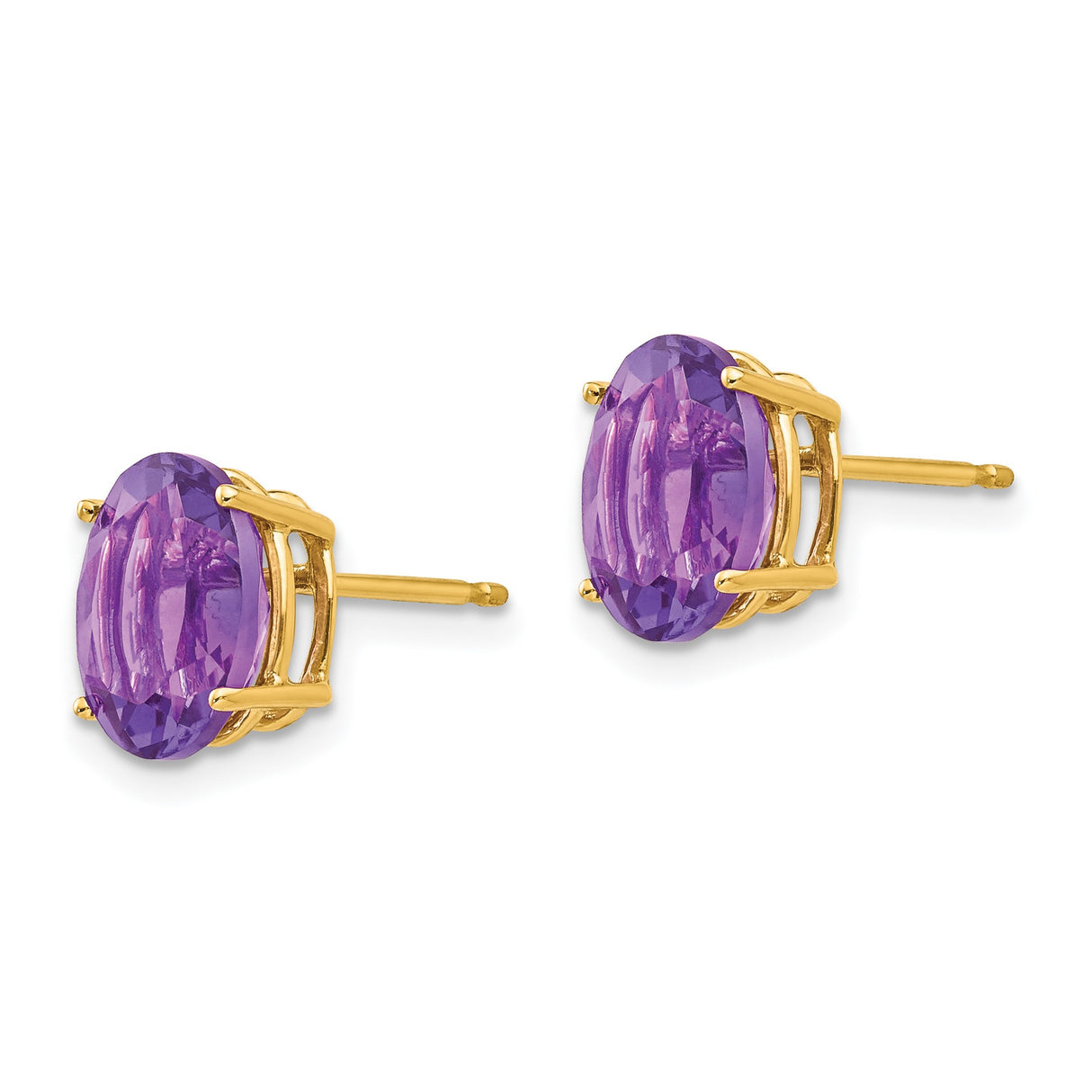 14k Yellow Gold Amethyst Stud Earrings, Oval Faceted Purple Gemstone in Four-Prong Setting