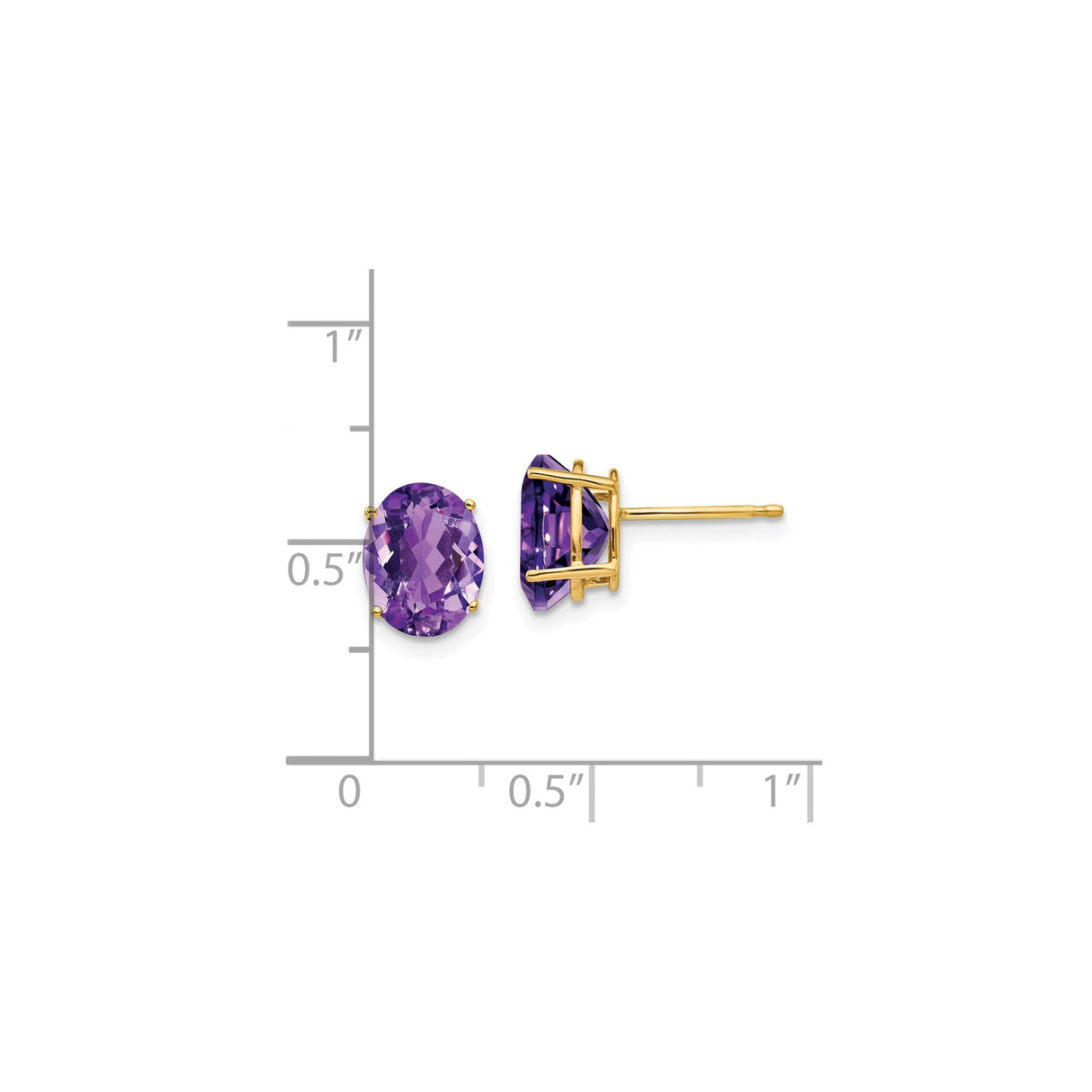 14k Yellow Gold Amethyst Stud Earrings, Oval Faceted Purple Gemstone in Four-Prong Setting