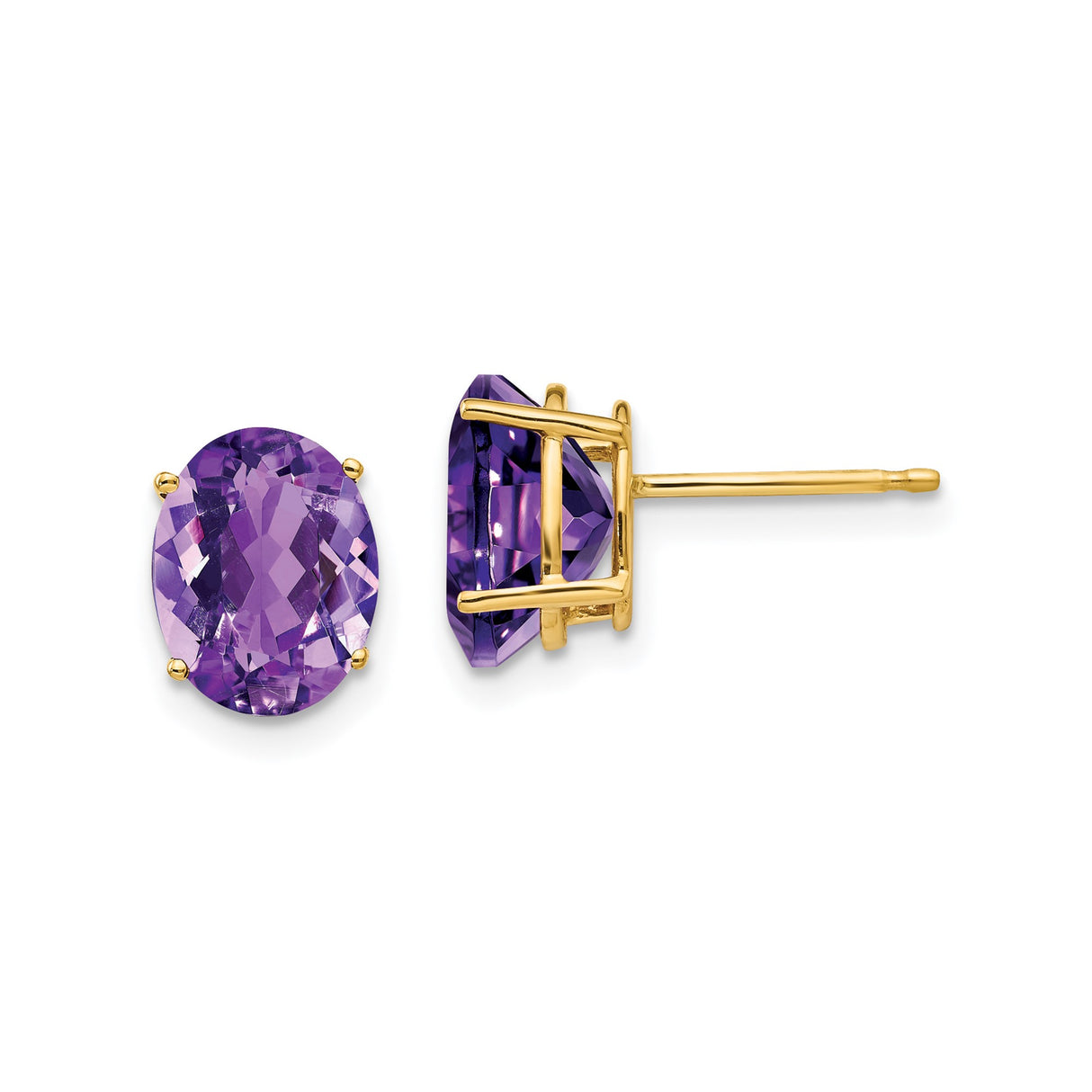 14k Yellow Gold Amethyst Stud Earrings, Oval Faceted Purple Gemstone in Four-Prong Setting