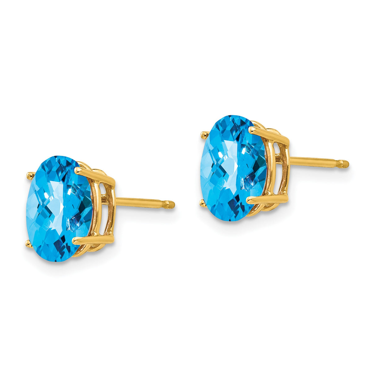 14k Yellow Gold Stud Earrings with Swiss Blue Topaz, Prong Set Oval Design, December Birthstone Jewelry
