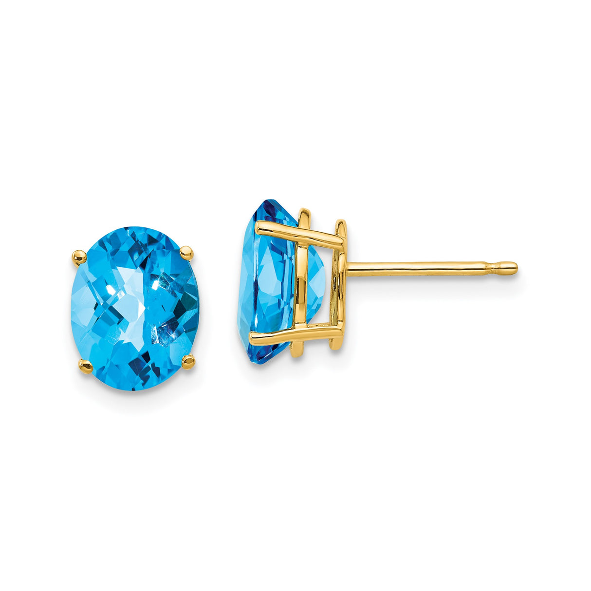 14k Yellow Gold Stud Earrings with Swiss Blue Topaz, Prong Set Oval Design, December Birthstone Jewelry