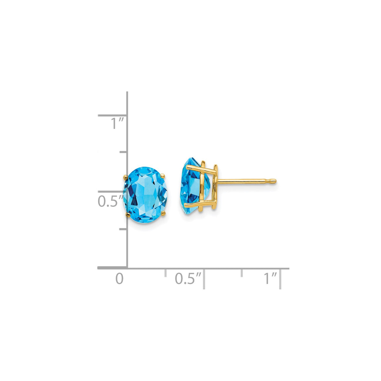 14k Yellow Gold Stud Earrings with Swiss Blue Topaz, Oval Faceted Gemstone in Four Prong Setting