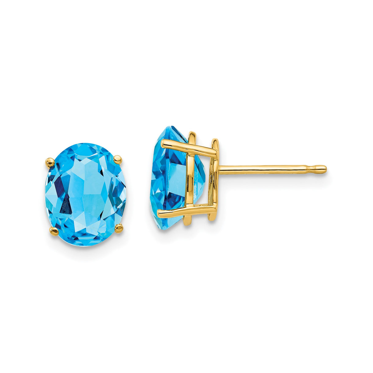 14k Yellow Gold Stud Earrings with Swiss Blue Topaz, Oval Faceted Gemstone in Four Prong Setting