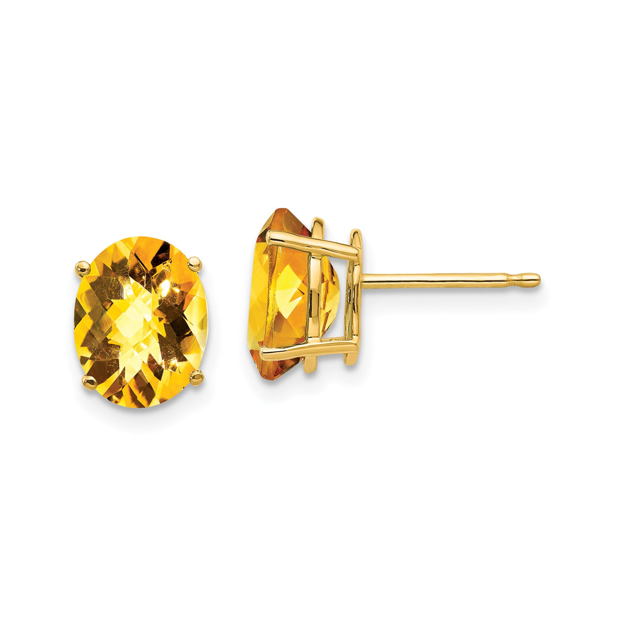 14k Yellow Gold Stud Earrings with Oval Citrine Gemstones, Checkerboard Cut