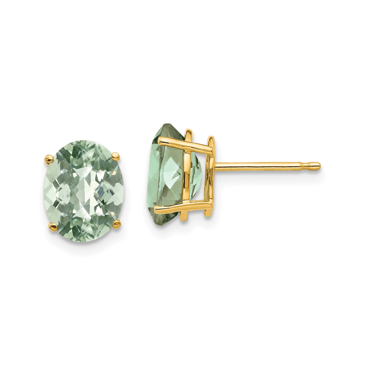 14k Yellow Gold Stud Earrings with Oval Cut Green Quartz, Minimalist Prong Set Design