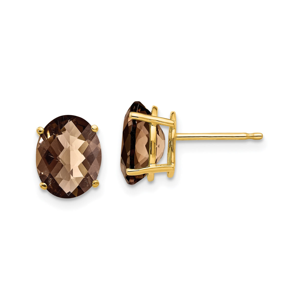 14k Yellow Gold Stud Earrings with Oval Smoky Quartz in Four-Prong Setting