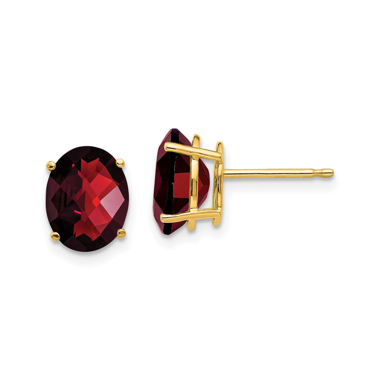 14k Yellow Gold Stud Earrings with Oval-Cut Garnet in Four-Prong Setting, January Birthstone