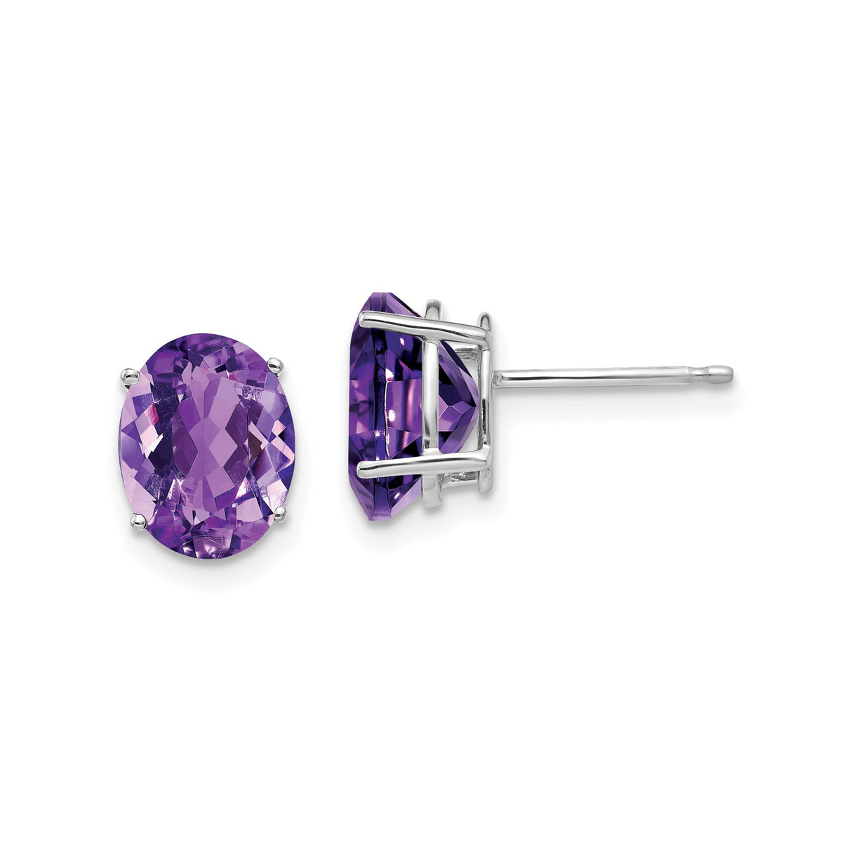 14k White Gold Amethyst Stud Earrings with Oval Cut Gemstones, Classic Prong Setting