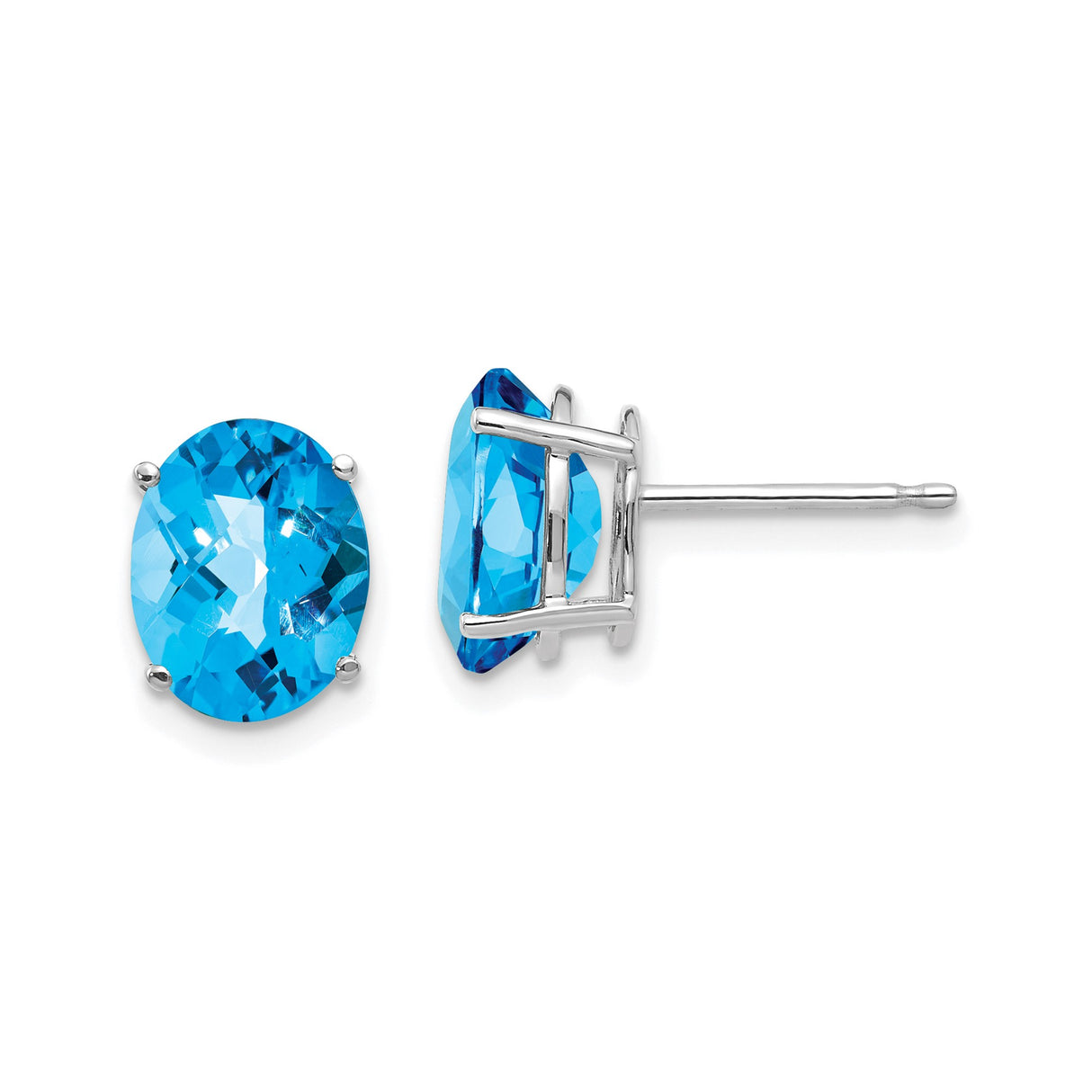 14k White Gold Stud Earrings with Swiss Blue Topaz, Oval Cut, Prong Set, Minimalist Style