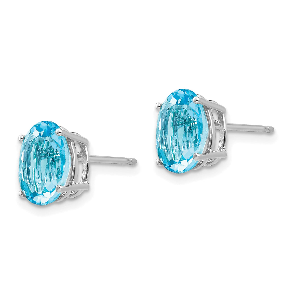 14k White Gold Blue Topaz Stud Earrings with Faceted Oval Gemstones in Classic Prong Setting