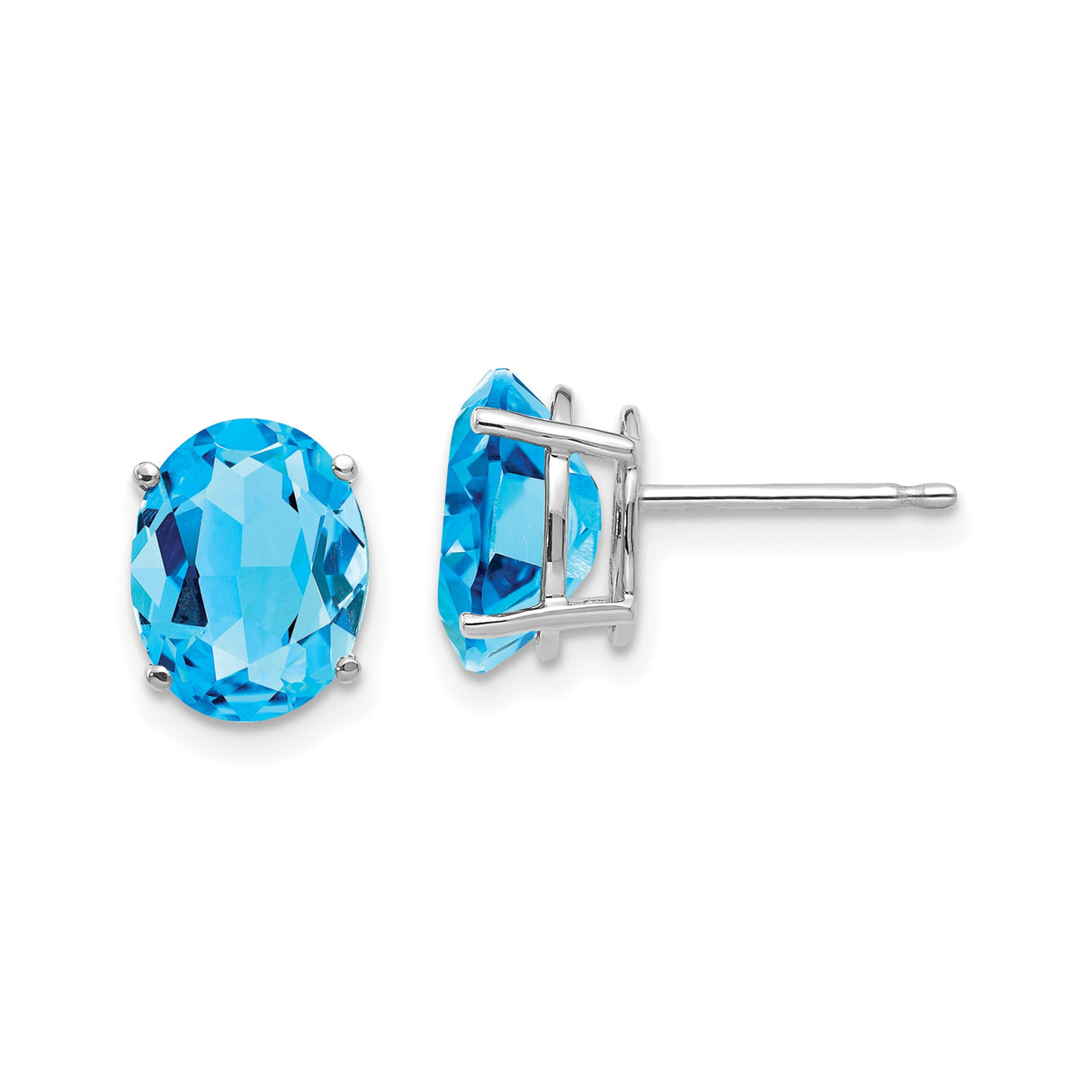 14k White Gold Blue Topaz Stud Earrings with Faceted Oval Gemstones in Classic Prong Setting
