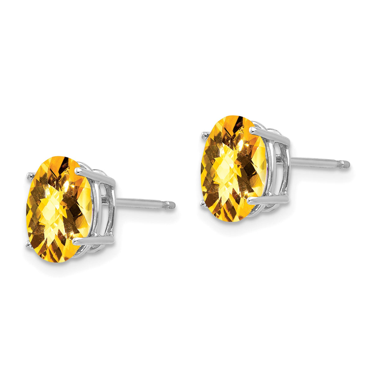 14k White Gold Stud Earrings with Oval Citrine Checkerboard Gemstones, November Birthstone