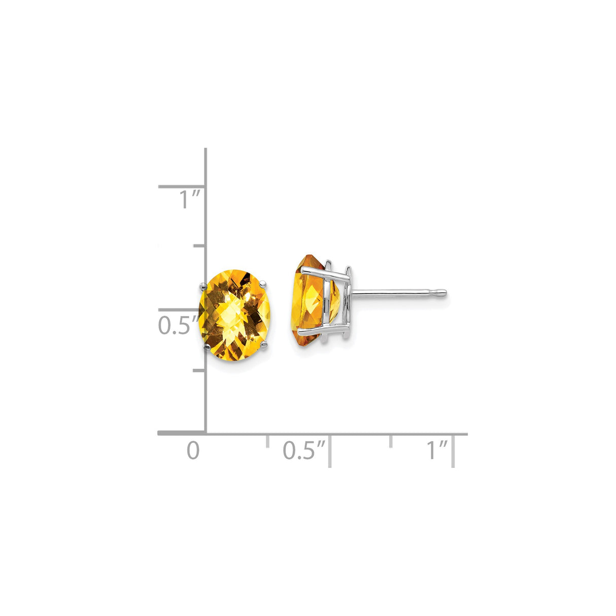 14k White Gold Stud Earrings with Oval Citrine Checkerboard Gemstones, November Birthstone