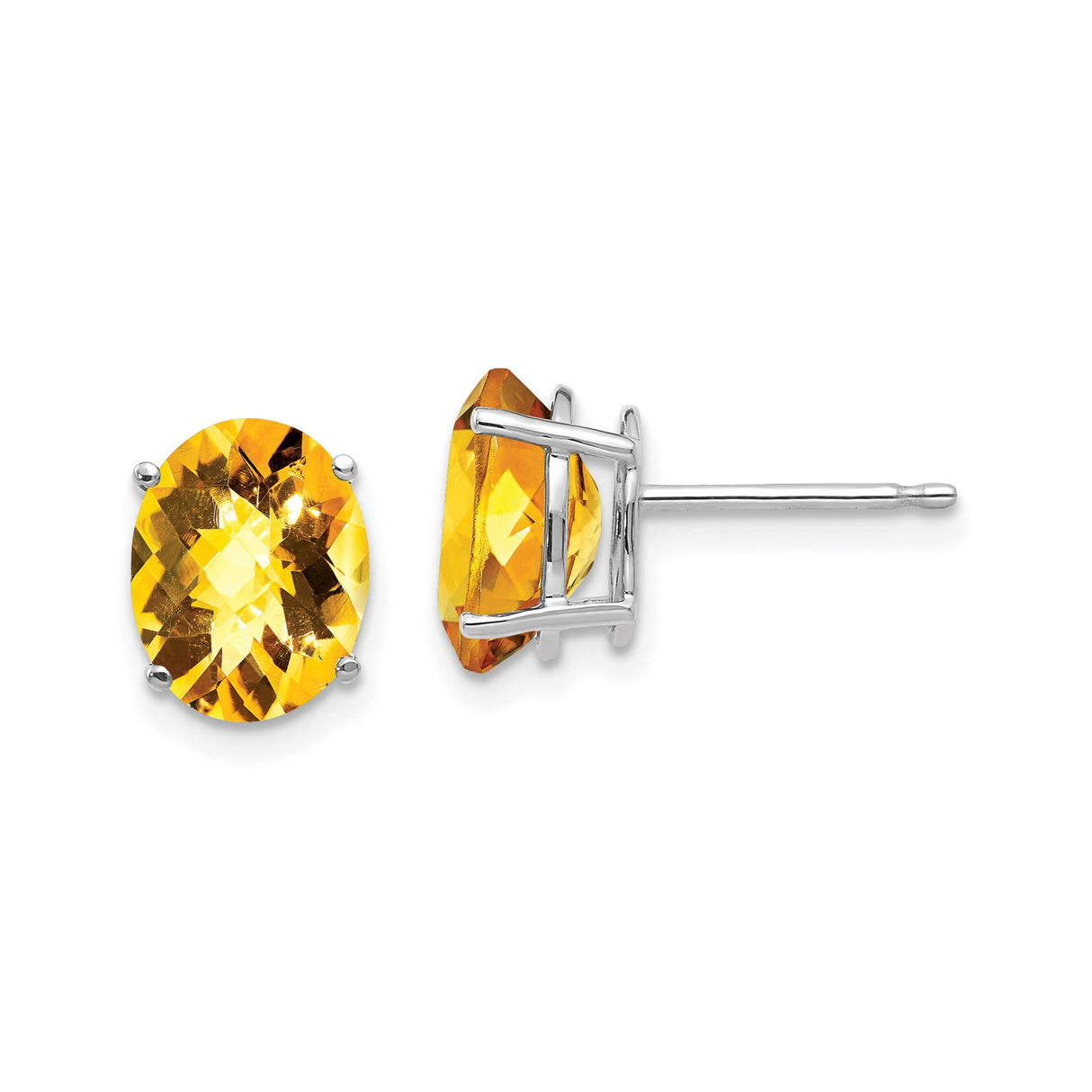 14k White Gold Stud Earrings with Oval Citrine Checkerboard Gemstones, November Birthstone