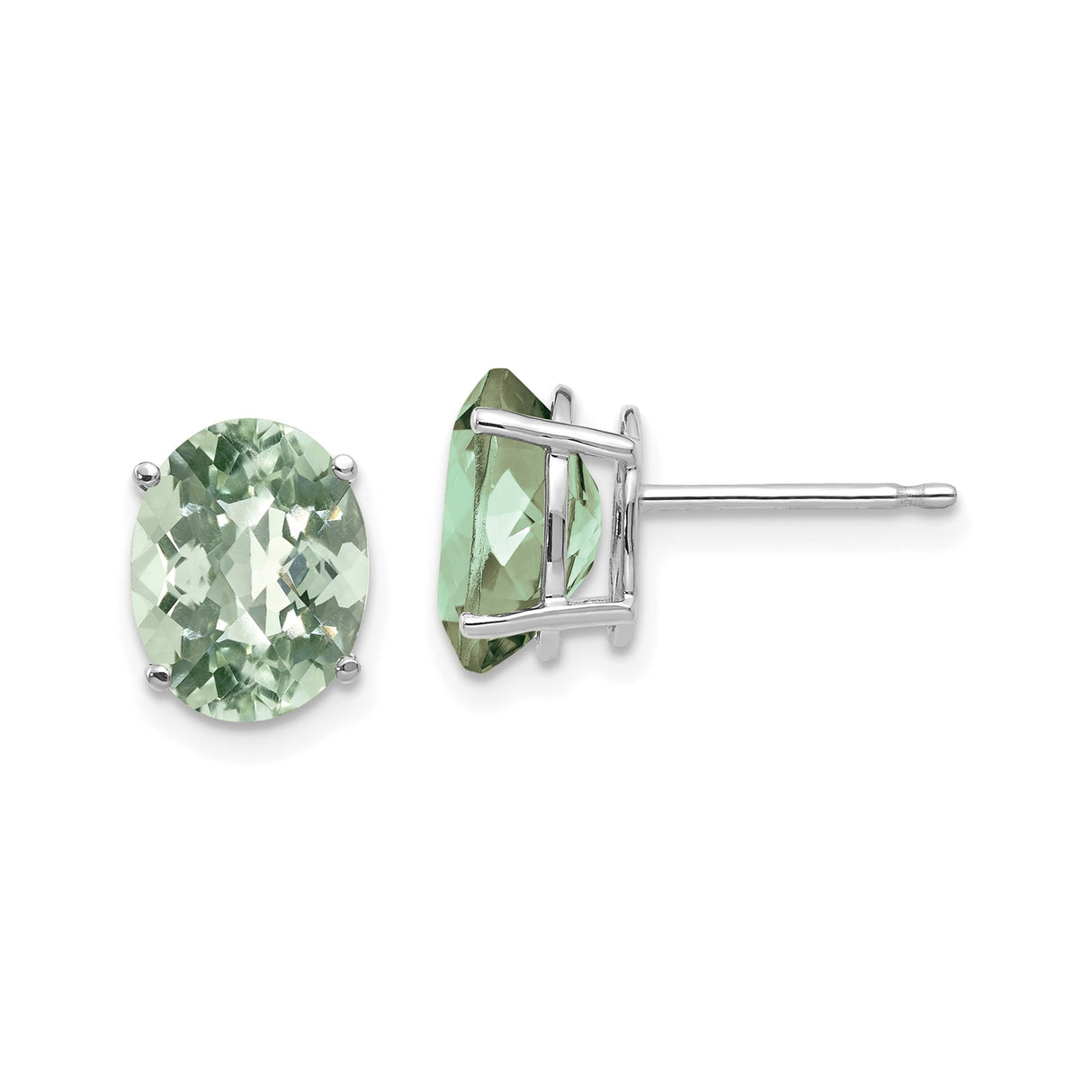 14k White Gold Stud Earrings with Oval Green Amethyst, Faceted, Minimalist Style for Women