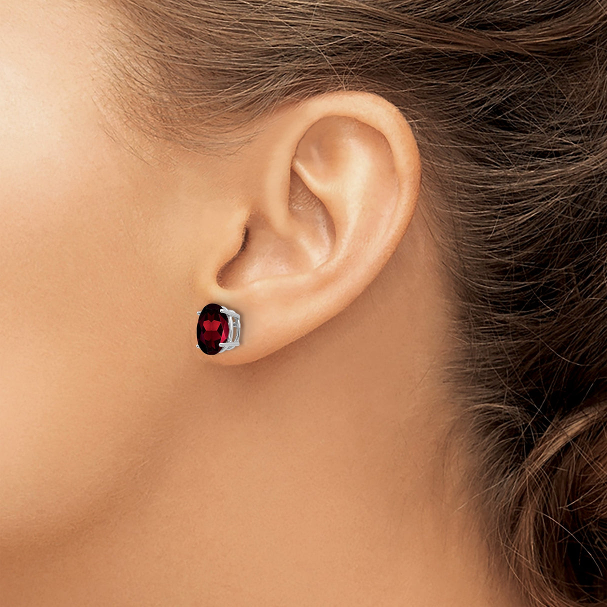14k White Gold Garnet Stud Earrings, Oval Deep Red Birthstone Design for Women