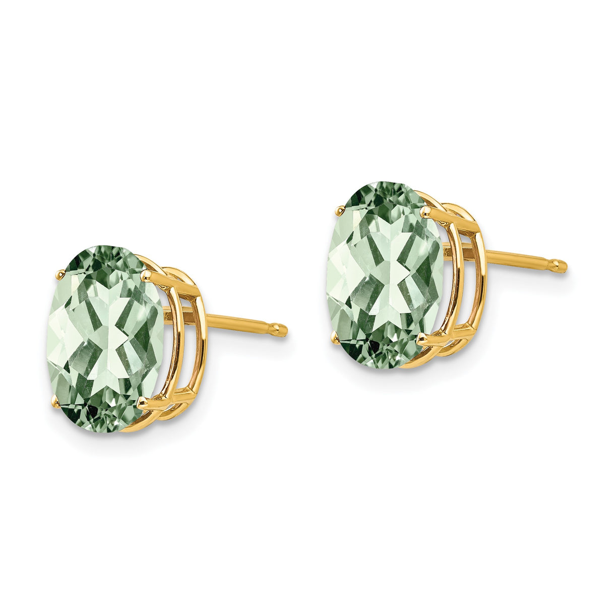 14k Yellow Gold Stud Earrings with Oval Green Quartz, Prong Set Faceted Gemstones