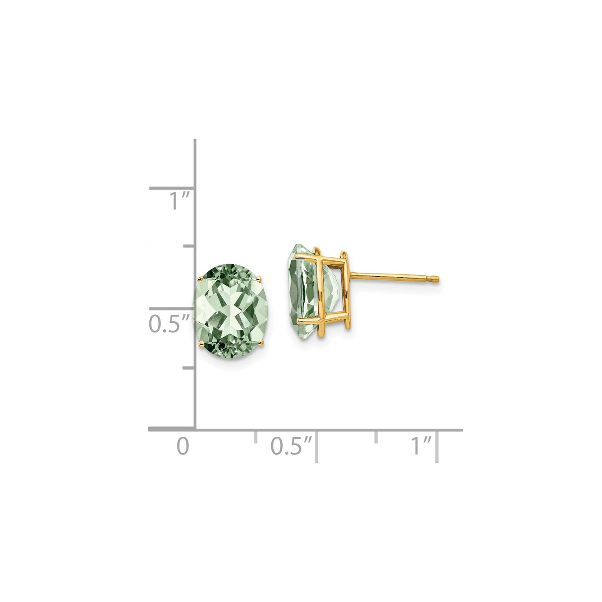 14k Yellow Gold Stud Earrings with Oval Green Quartz, Prong Set Faceted Gemstones