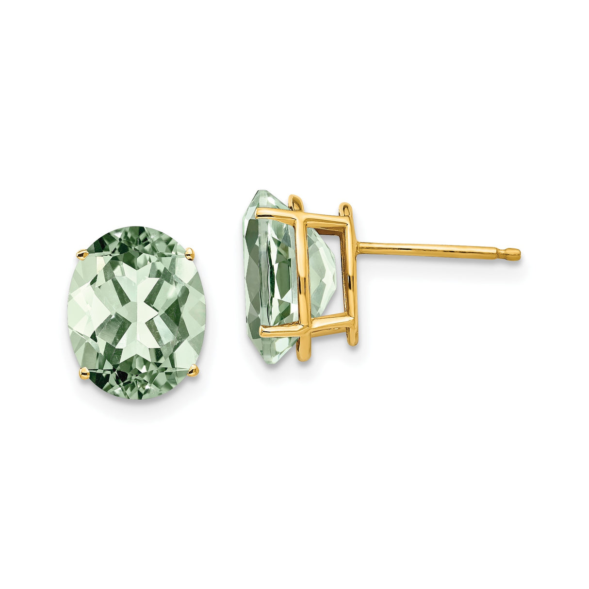 14k Yellow Gold Stud Earrings with Oval Green Quartz, Prong Set Faceted Gemstones