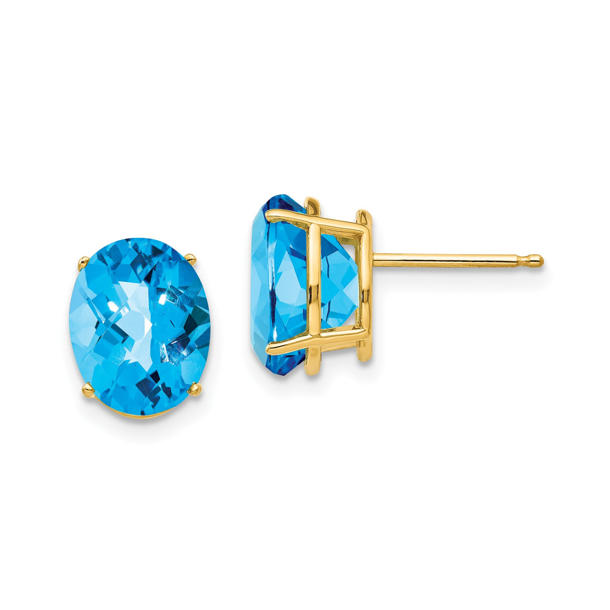 14k Yellow Gold Stud Earrings with Oval Swiss Blue Topaz, Checkerboard Cut, Dainty December Birthstone