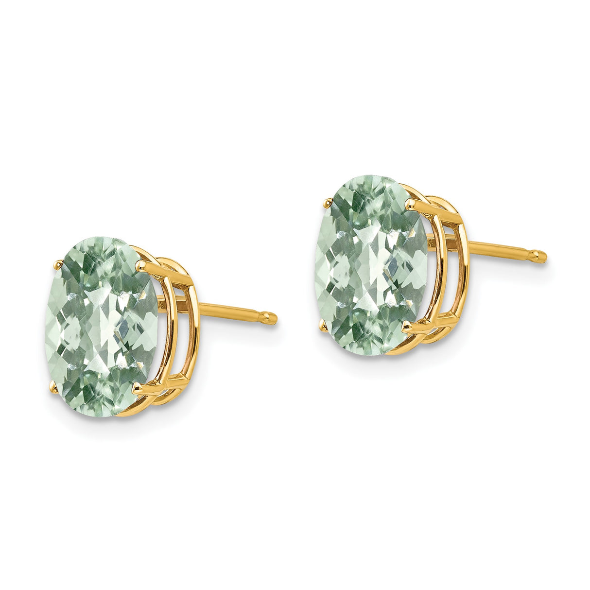 14k Yellow Gold Green Amethyst Stud Earrings, Oval Faceted Gemstones, Classic Four Prong Setting