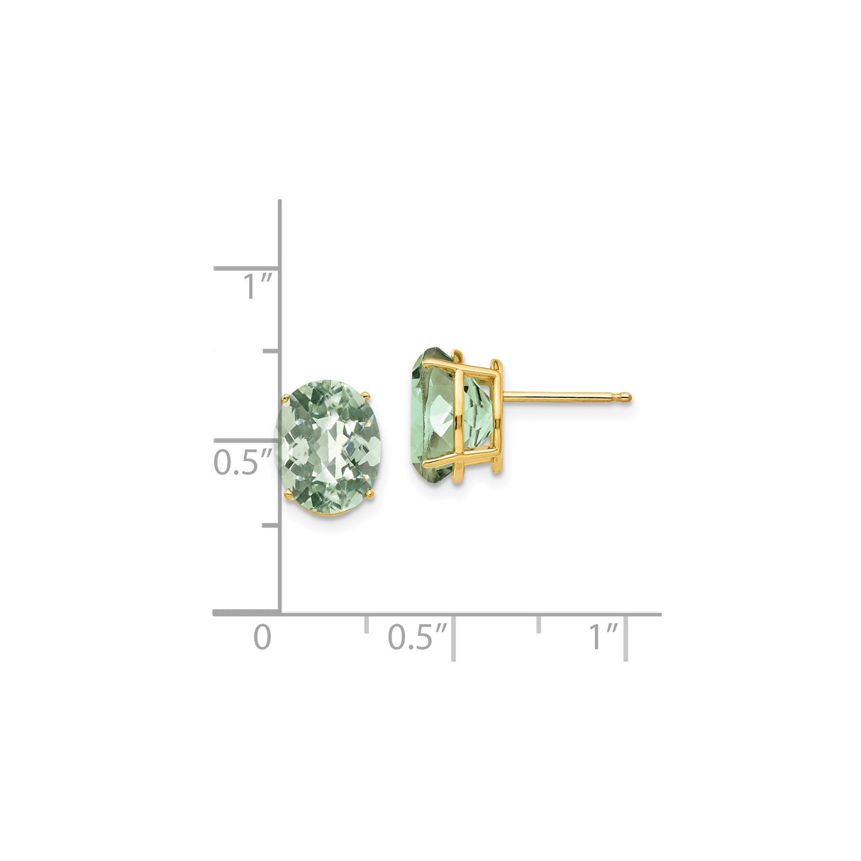 14k Yellow Gold Green Amethyst Stud Earrings, Oval Faceted Gemstones, Classic Four Prong Setting