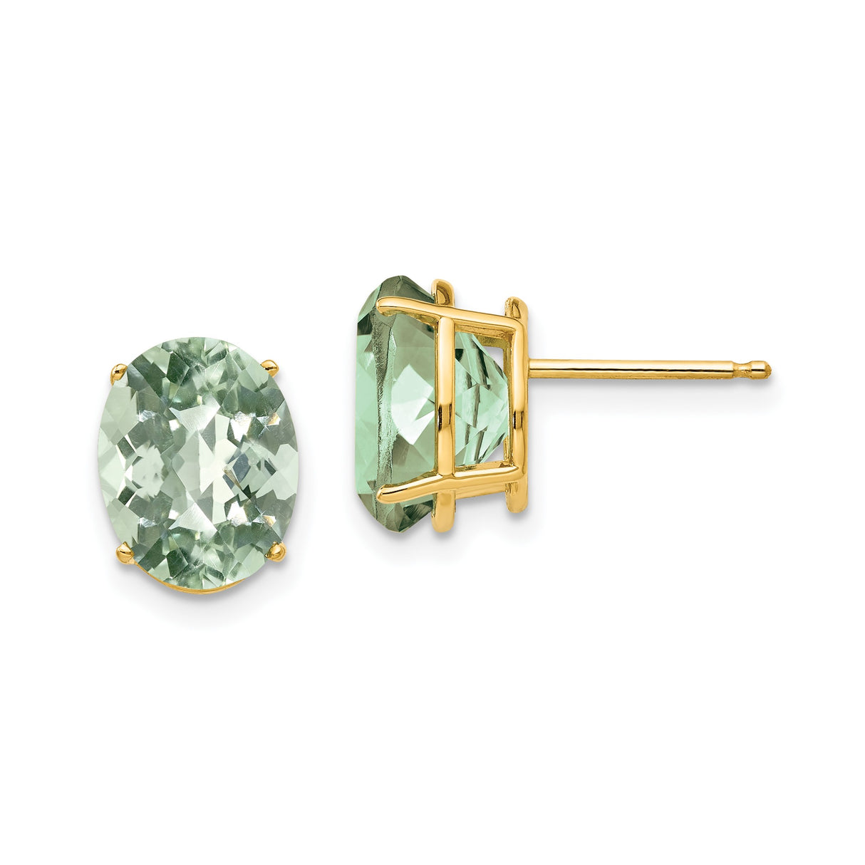 14k Yellow Gold Green Amethyst Stud Earrings, Oval Faceted Gemstones, Classic Four Prong Setting