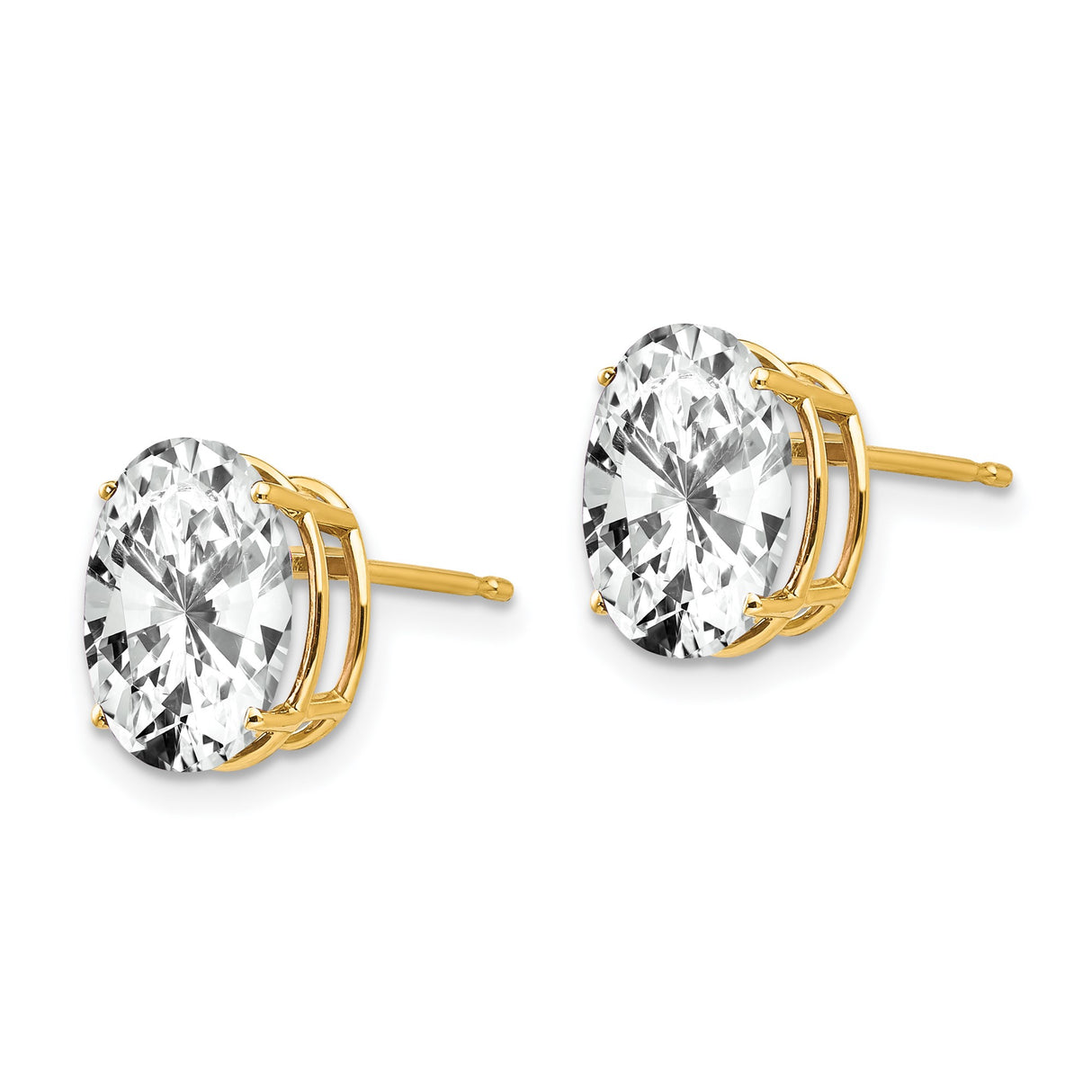 14k Yellow Gold Oval Stud Earrings with Large Clear Cubic Zirconia, Solitaire Design