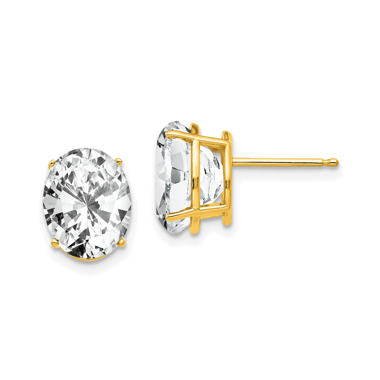 14k Yellow Gold Oval Stud Earrings with Large Clear Cubic Zirconia, Solitaire Design
