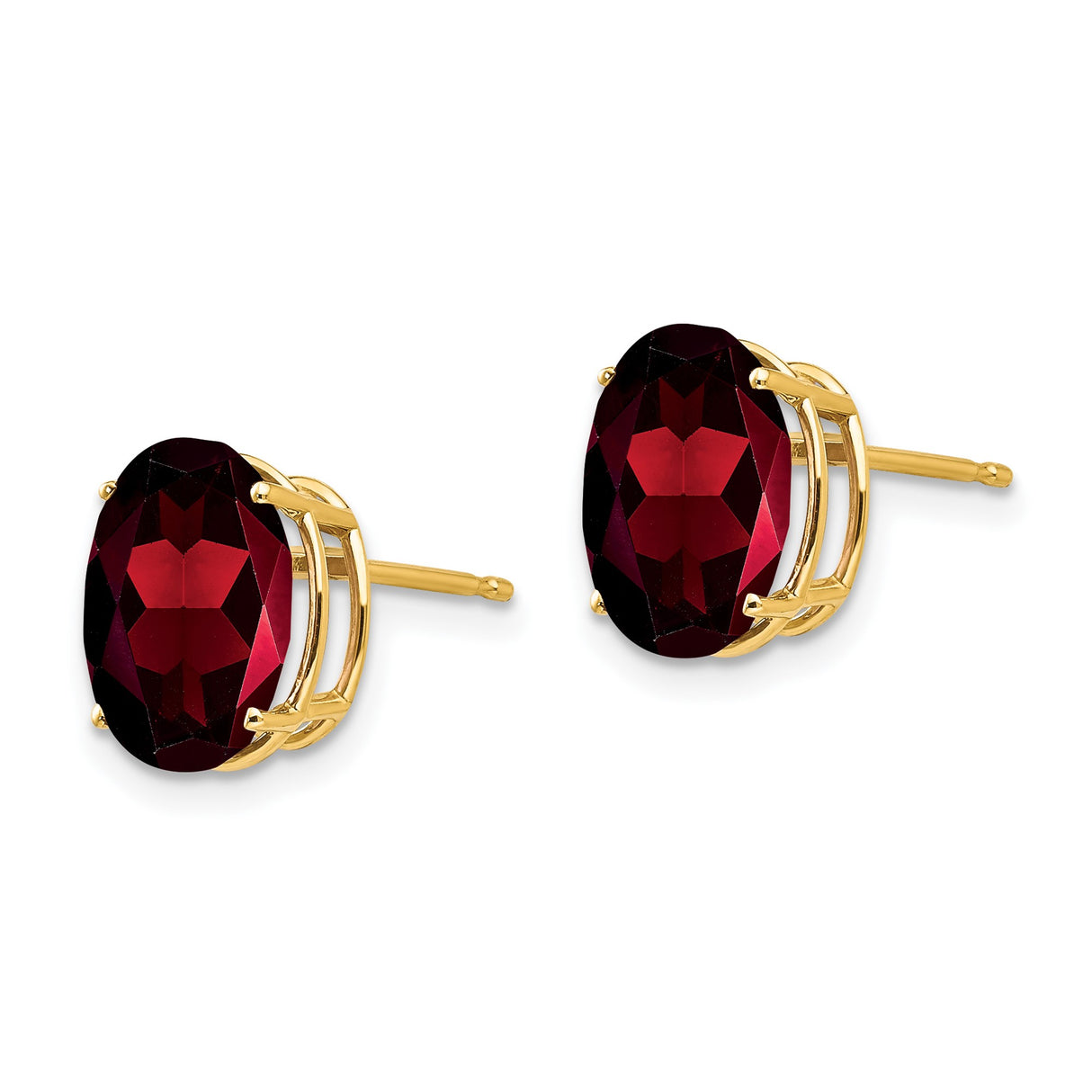 14k Yellow Gold Garnet Stud Earrings, Oval Deep Red Gemstones, Classic Prong Setting
