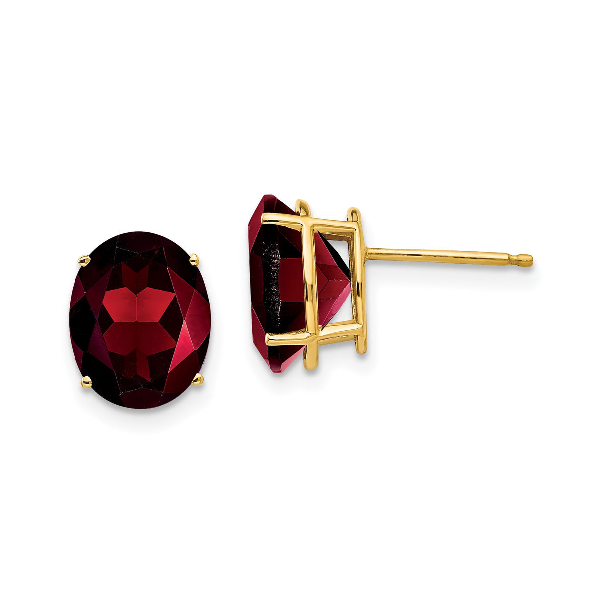 14k Yellow Gold Garnet Stud Earrings, Oval Deep Red Gemstones, Classic Prong Setting