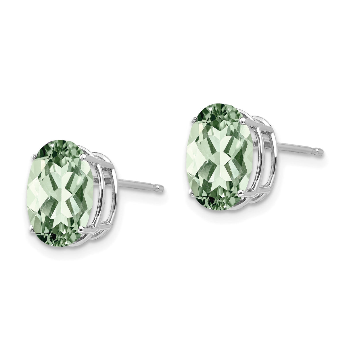 14k White Gold Stud Earrings with Oval Green Quartz Prasiolite in Four Prong Setting