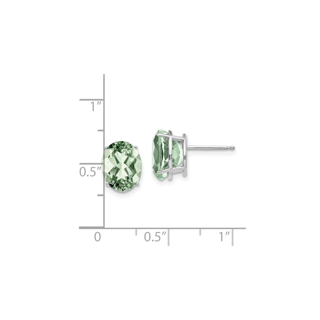 14k White Gold Stud Earrings with Oval Green Quartz Prasiolite in Four Prong Setting
