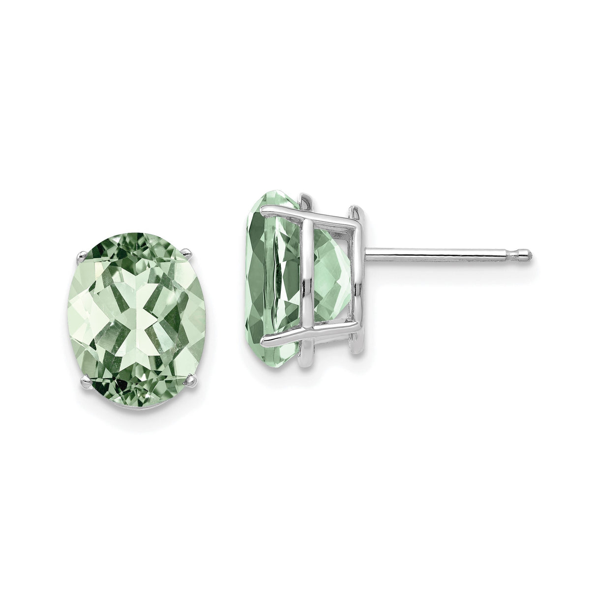 14k White Gold Stud Earrings with Oval Green Quartz Prasiolite in Four Prong Setting