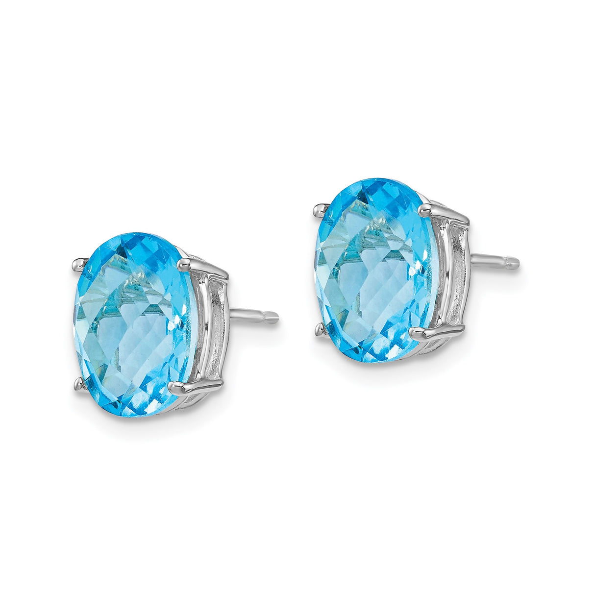 14k White Gold Stud Earrings with Swiss Blue Topaz, Oval Faceted Gemstone in Four Prong Setting