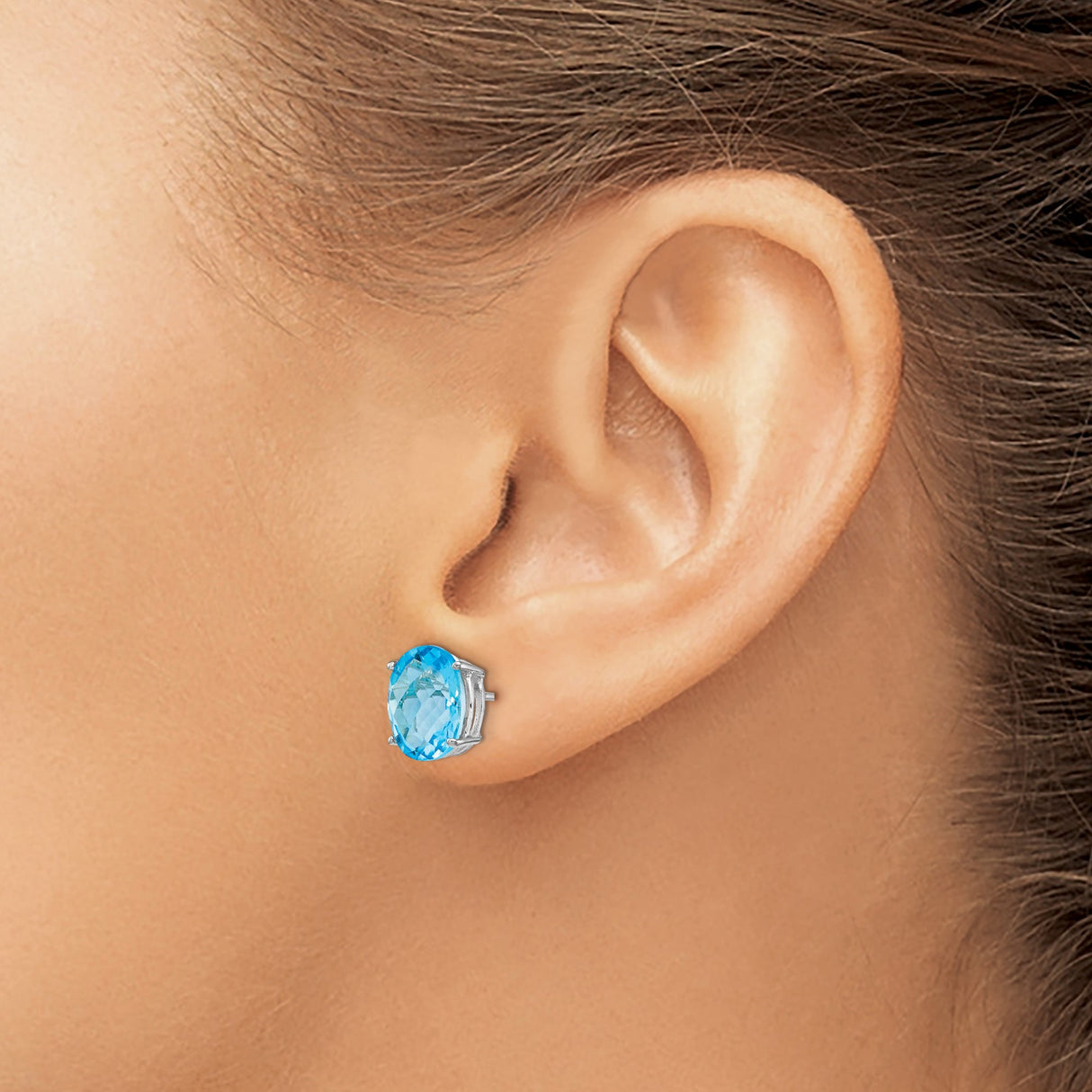 14k White Gold Stud Earrings with Swiss Blue Topaz, Oval Faceted Gemstone in Four Prong Setting