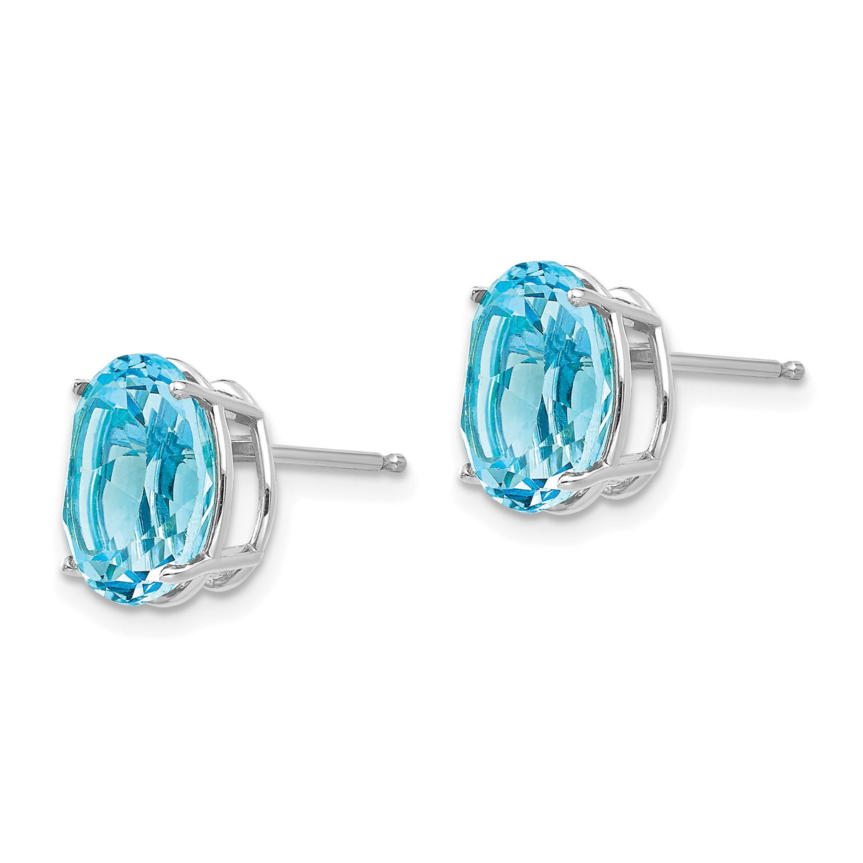 14k White Gold Stud Earrings with Swiss Blue Topaz Oval Gemstones, Classic Four Prong Setting