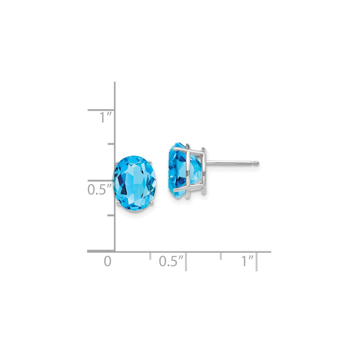 14k White Gold Stud Earrings with Swiss Blue Topaz Oval Gemstones, Classic Four Prong Setting