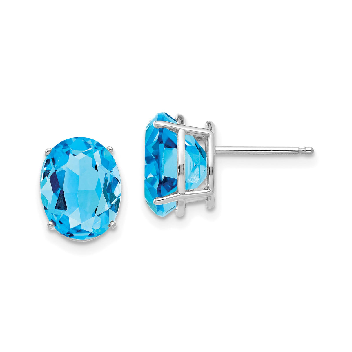 14k White Gold Stud Earrings with Swiss Blue Topaz Oval Gemstones, Classic Four Prong Setting