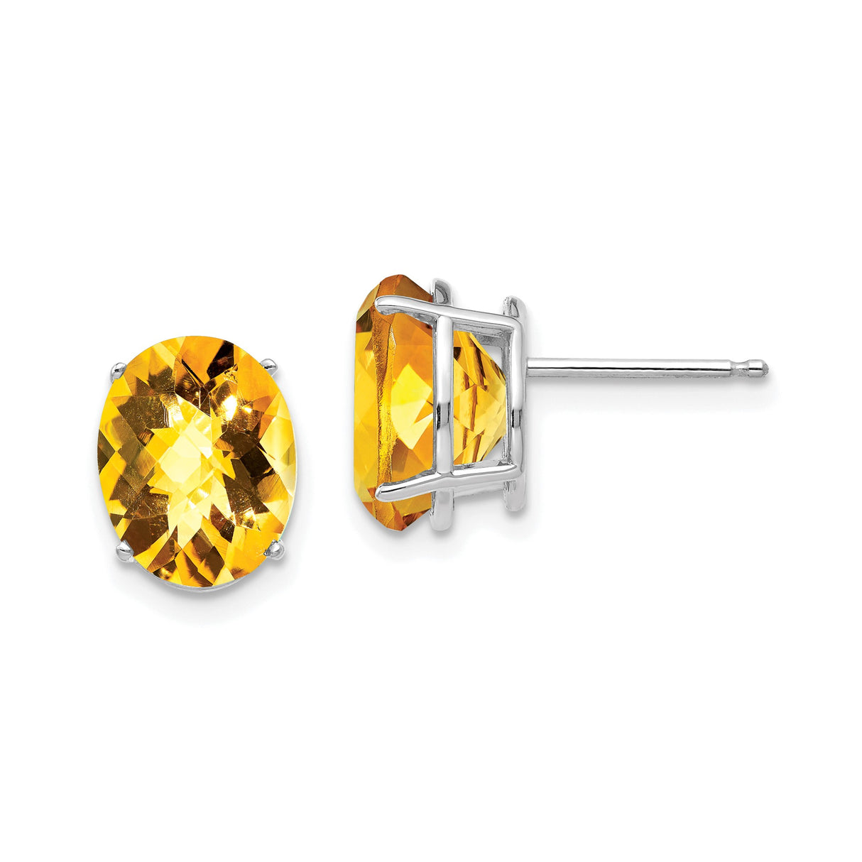 14k White Gold Citrine Stud Earrings, Oval Faceted November Birthstone Jewelry