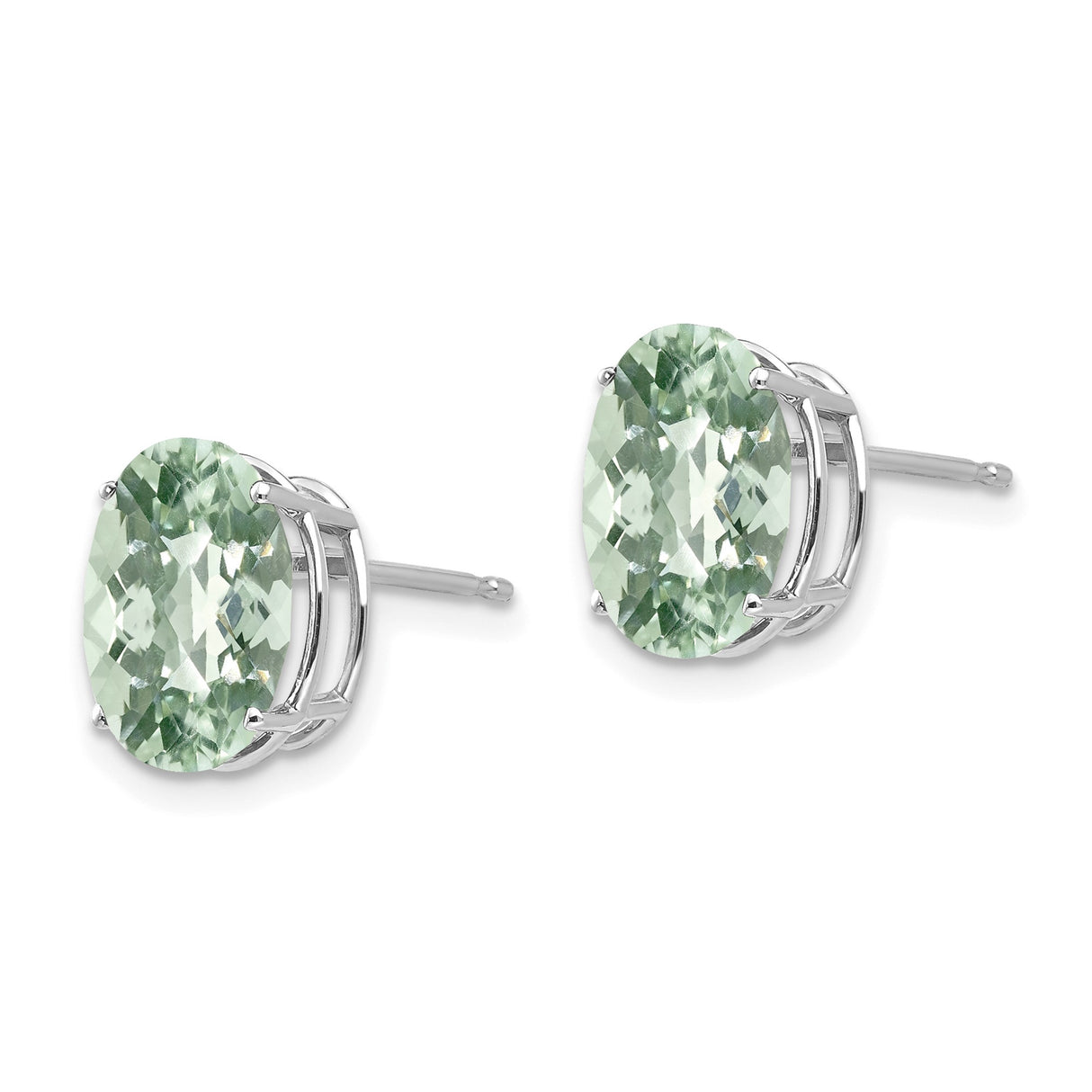 14k White Gold Green Amethyst Stud Earrings, Oval Four Prong Setting, Minimalist Jewelry for Women