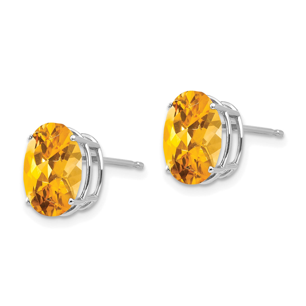 14k White Gold Citrine Stud Earrings, Oval Yellow Gemstone Solitaire Style for Women
