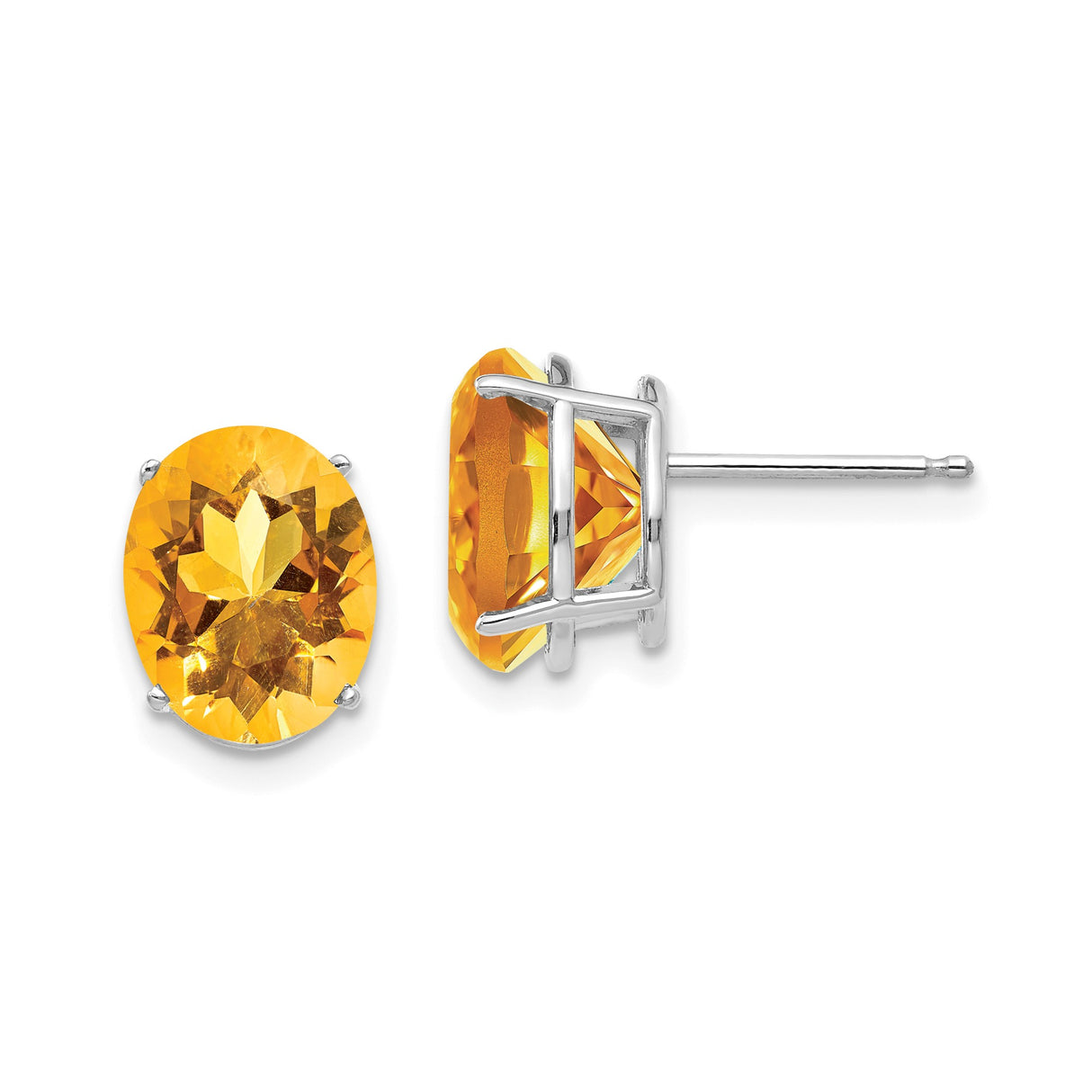 14k White Gold Citrine Stud Earrings, Oval Yellow Gemstone Solitaire Style for Women
