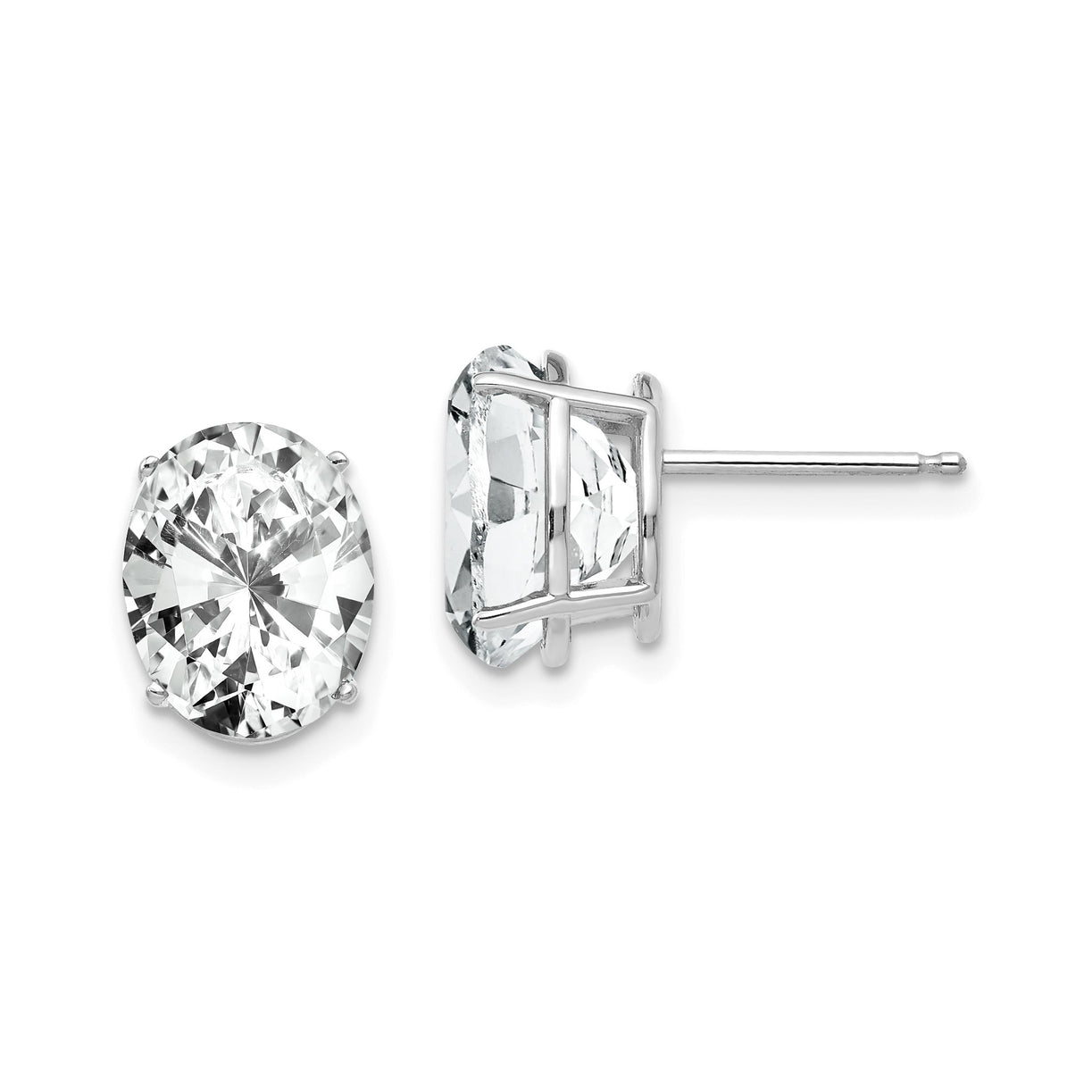 14k White Gold Oval Stud Earrings with Cubic Zirconia, Classic Solitaire Design for Women