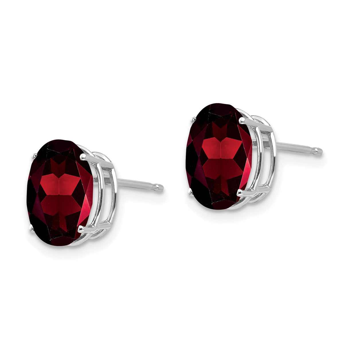 14k White Gold Garnet Stud Earrings, Oval Faceted Gemstone, Classic Four Prong Setting