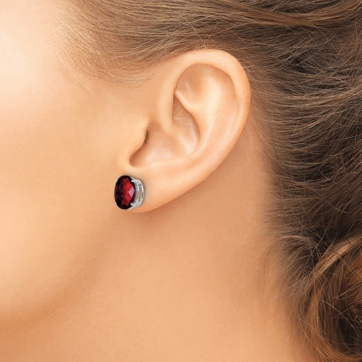 14k White Gold Garnet Stud Earrings, Oval Deep Red Gemstone, Classic January Birthstone Design
