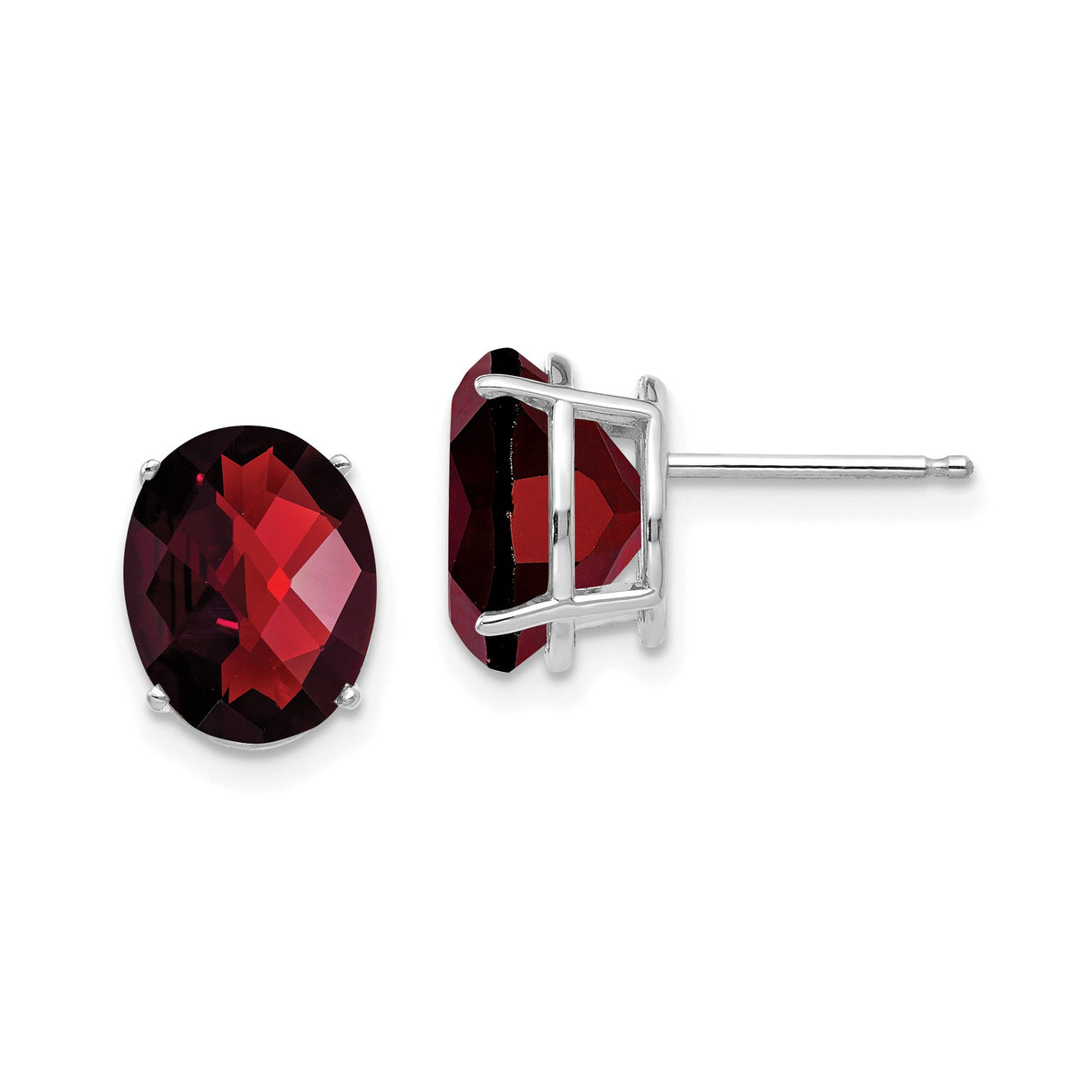 14k White Gold Garnet Stud Earrings, Oval Deep Red Gemstone, Classic January Birthstone Design