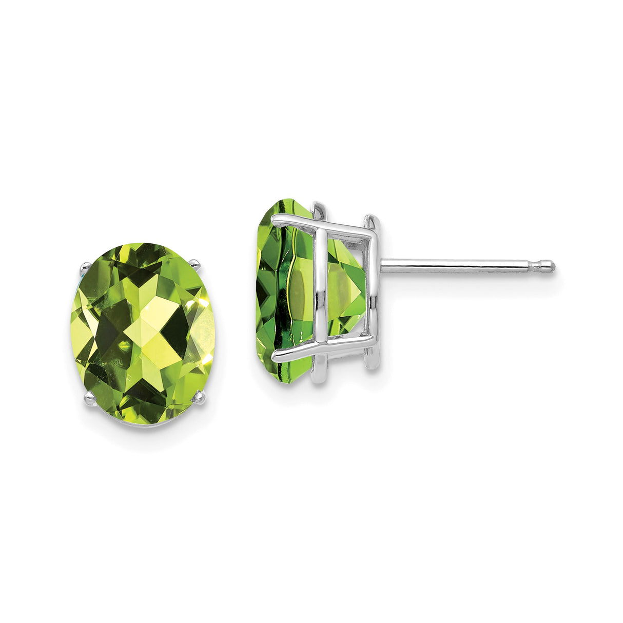 14k White Gold Peridot Stud Earrings, Oval Four Prong Setting, August Birthstone Jewelry