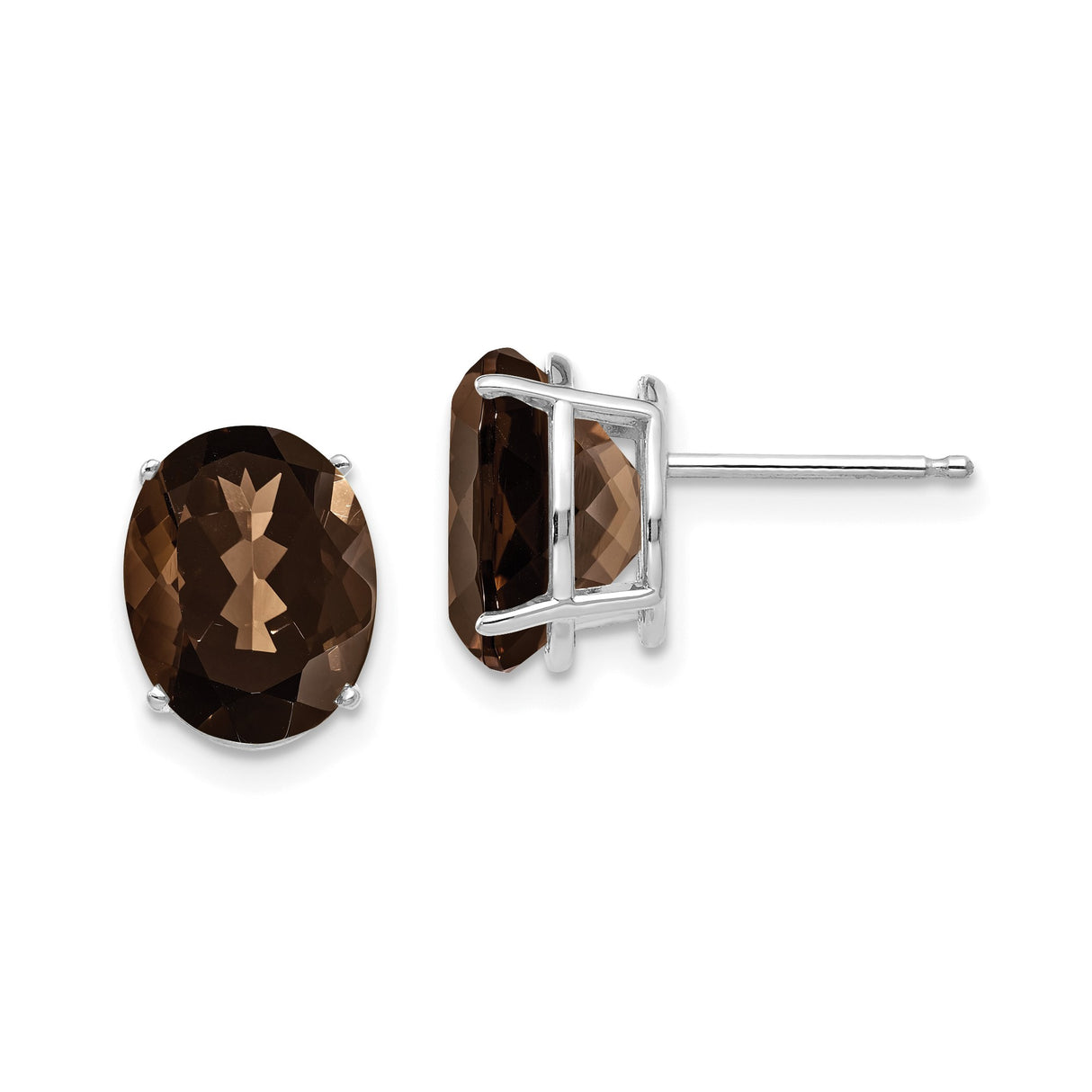 14k White Gold Smoky Quartz Stud Earrings, Classic Faceted Gemstone Design for Women