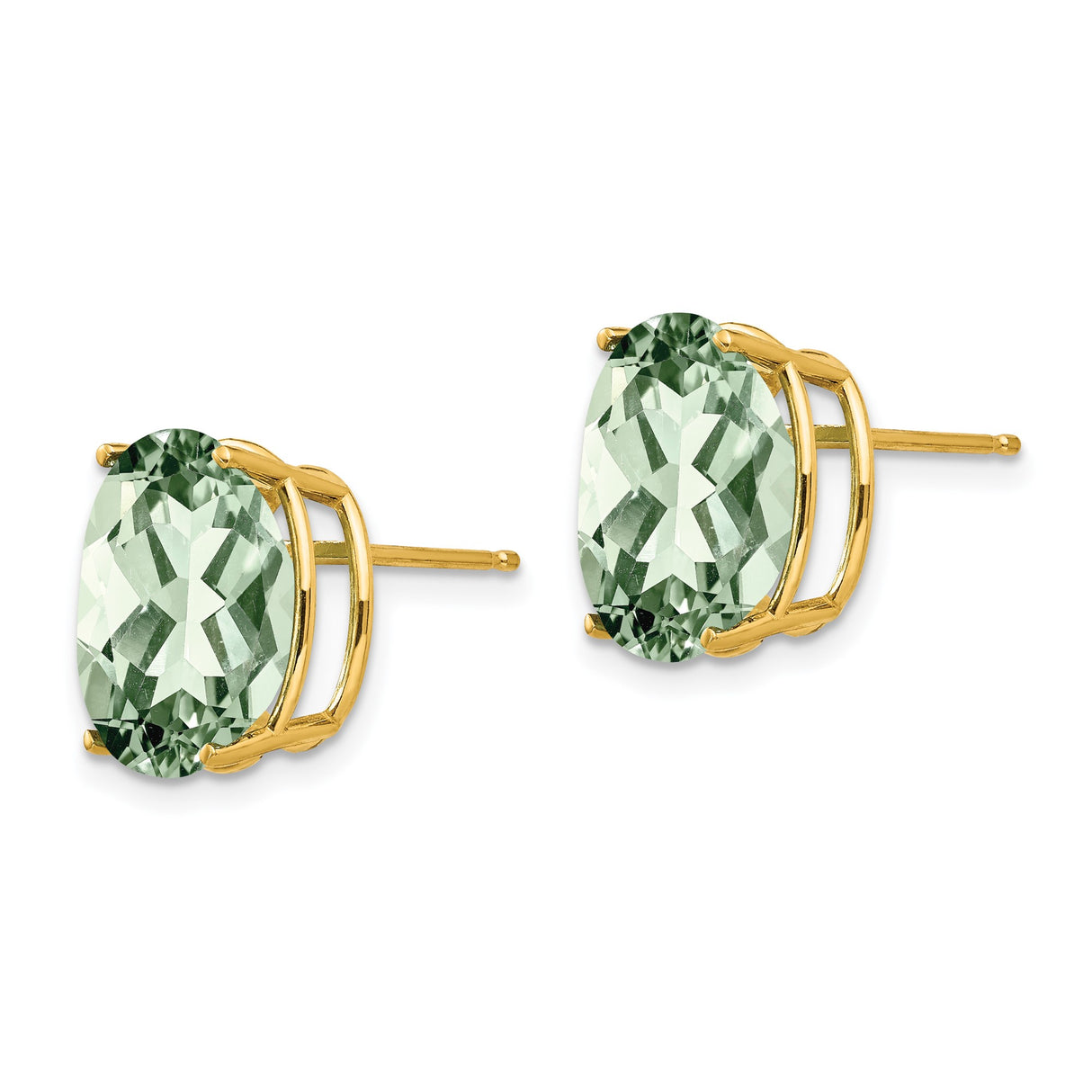 14k Yellow Gold Oval Green Amethyst Stud Earrings with Faceted Gemstones, Minimalist Style